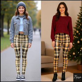 Legging Warm Neutral Tan Brown Classic Plaid