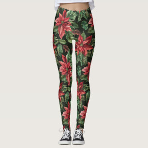 Legging Watercolor Poinsettia flor Natal