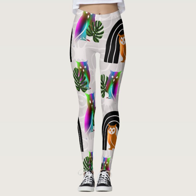 Legging Whimsical Boho Owl & Tropical Monstera Leaf (Frente)