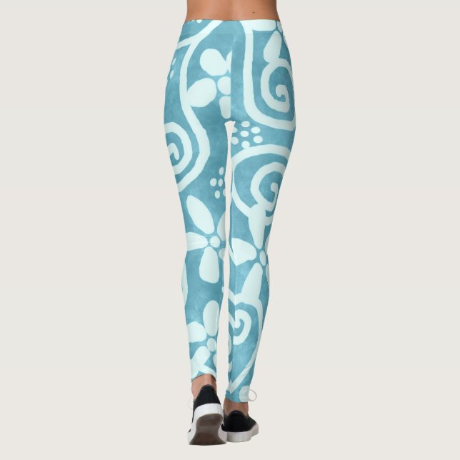 Legging Whimsical Flowers & Swirls Blue White Pattern  (Verso)