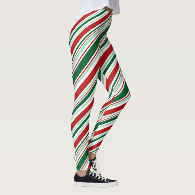 Legging White Candy Verde Vermelho Stripes Padrão de Natal (Direita)