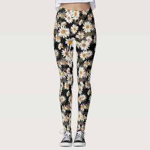 Legging White Daisies sobre Padrão Floral Preto