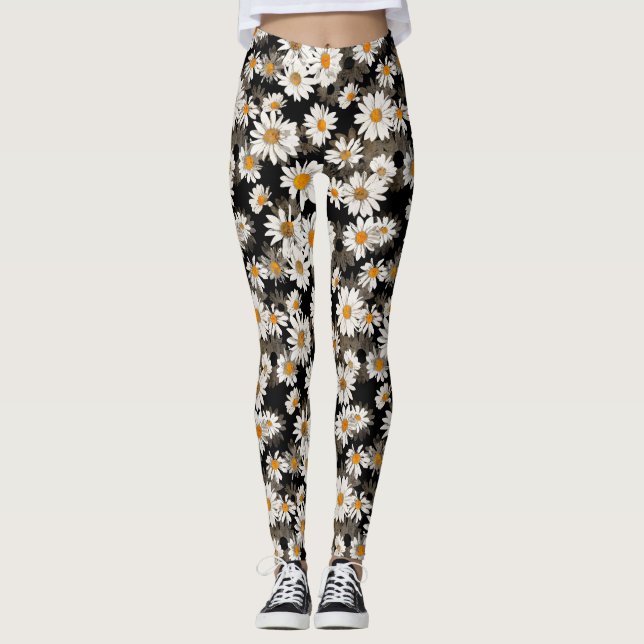 Legging White Daisies sobre Padrão Floral Preto (Frente)