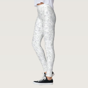Legging White on White Floral Impressão, wintage Wallpaper