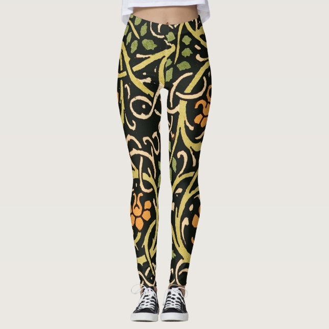 Legging William Morris Black Floral Art Impressão Design (Frente)