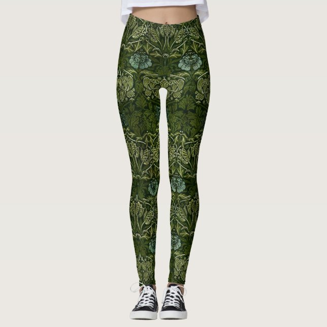 Legging William Morris Grandes Folhas Verdes e Flor Azul (Frente)