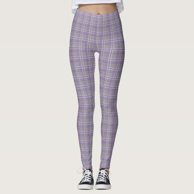 Legging Xadrez clássica de tartan. Cinzas, lilás (Frente)