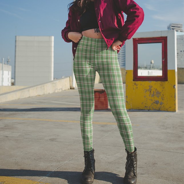 Legging Xadrez de Férias Rústicas de Festa Verde, Simples (Green and red plaid pattern leggings. )