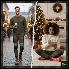 Legging Xadrez de Flanela Preto Oliva Escuro Abafado