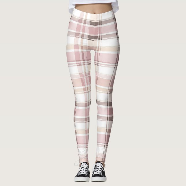 Legging Xadrez de Listras Rosa Branco Creme Chic   (Frente)