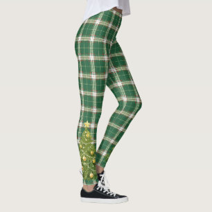 Legging Xadrez de Natal Branco, Verde com Árvore