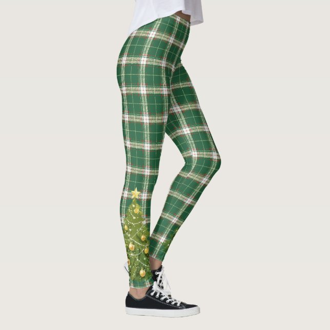 Legging Xadrez de Natal Branco, Verde com Árvore (Direita)