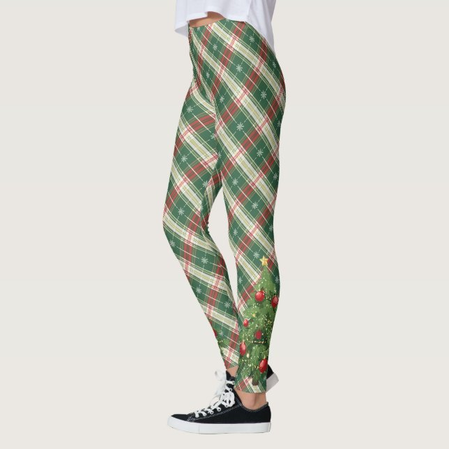 Legging Xadrez de Natal Branco, Verde com Árvore (Esquerda)