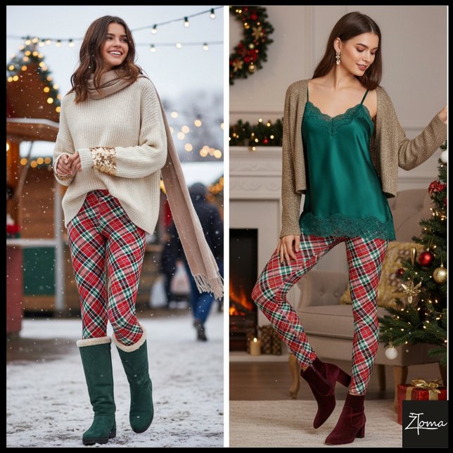Legging Xadrez de Natal Diagonal Vermelho Verde Tartan (Criador carregado)