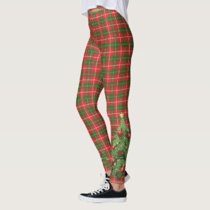 Legging Xadrez de Natal Vermelho, Verde, Branco com Árvore