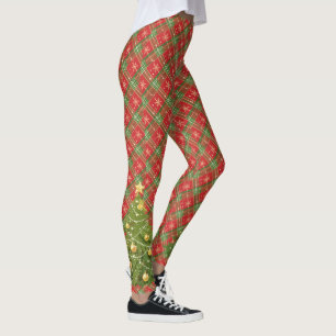 Legging Xadrez de Natal Vermelho, Verde, Dourado com Árvor