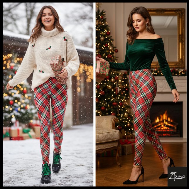 Legging Xadrez de Natal Vibrante Diagonal Vermelho Verde (Criador carregado)