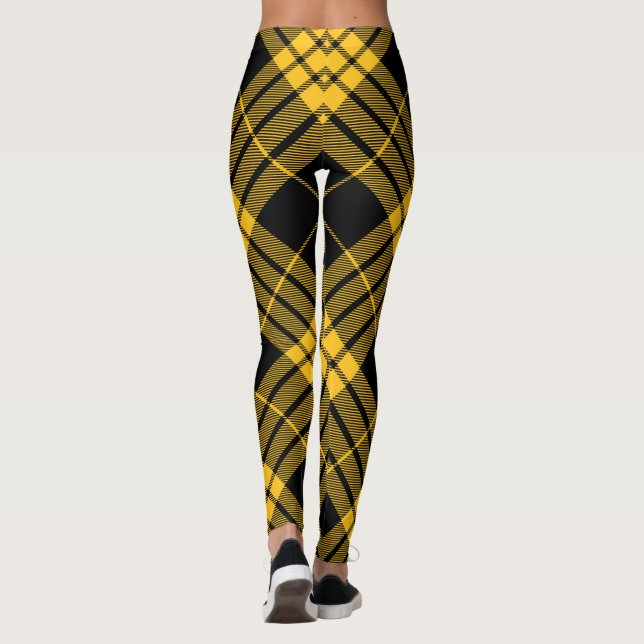 Legging Xadrez de Tartan diagonal na moda amarela preta (Verso)