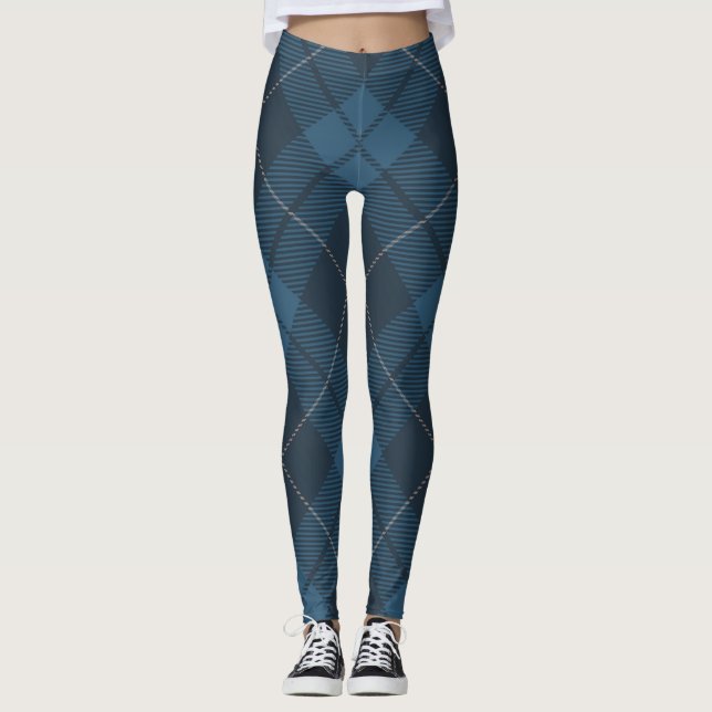 Legging Xadrez de Tartan diagonal na moda azul (Frente)
