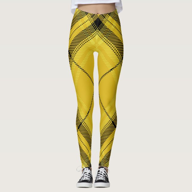 Legging Xadrez de Tartan diagonal na moda preta amarela (Frente)