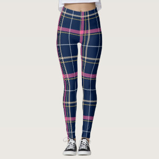 Legging Xadrez de Tartan marinho Azul com Stripe Rosa