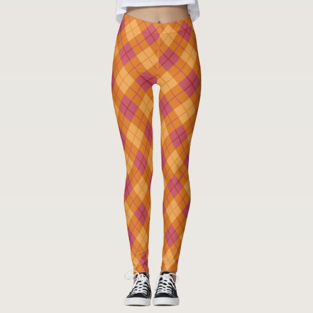 Legging Xadrez diagonal na laranja e no rosa (Frente)