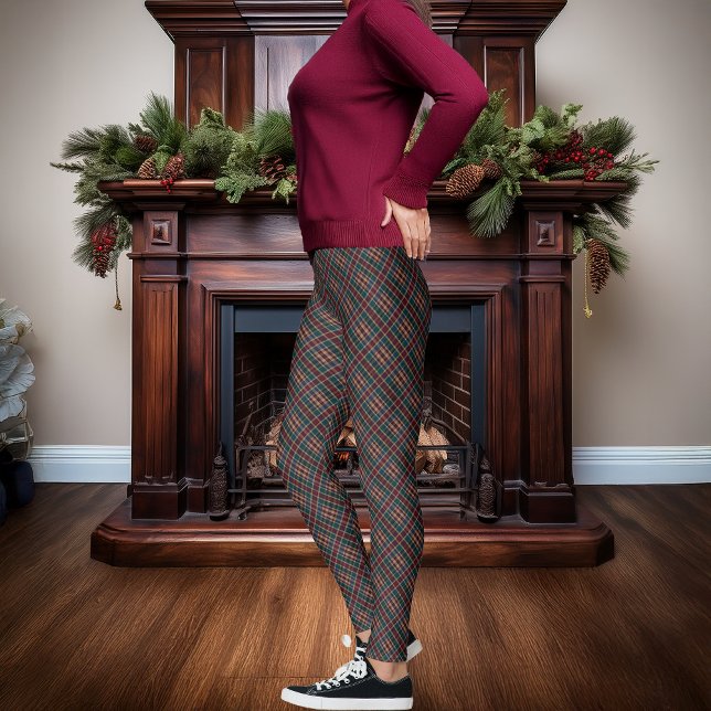 Legging Xadrez Dourada Elegante de Monograma - Sabre Azul  (Elegant Rich Dark Plaid Fall Winter Holiday Pattern Leggings - Cranberry, Dark Blue, Dark Teal )