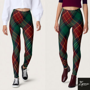 Legging Xadrez Escocês Diagonal Verde Vermelho Tradicional