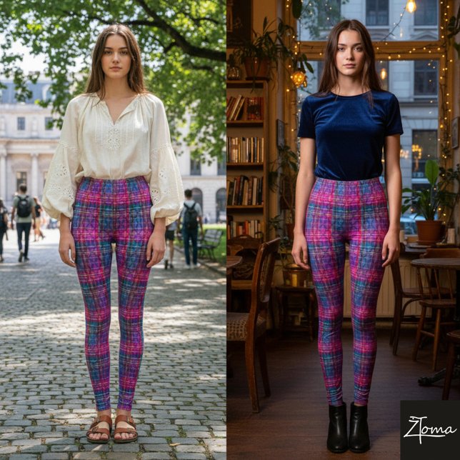 Legging Xadrez Escocês Rosa Roxo Azul Turquesa Neon (Criador carregado)