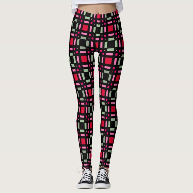 Legging Xadrez geométrica - faixas vermelhas vermelhas (Frente)