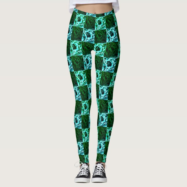Legging Xadrez ou ciano verde e azul-céu, com retângulo (Frente)