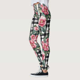 Legging Xadrez Preta e Branca com Camellias Rosa Folha
