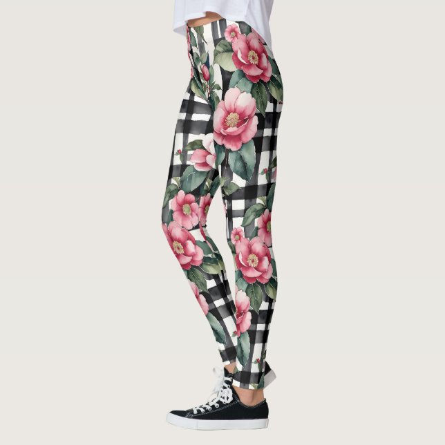 Legging Xadrez Preta e Branca com Camellias Rosa Folha (Esquerda)