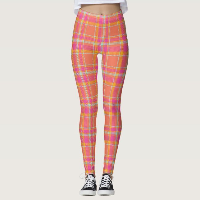 Legging Xadrez retrorreflectora rosa quente com laranja e  (Frente)