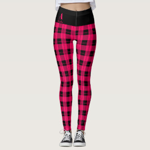 Legging Xadrez rosa-quente personalizado a preto