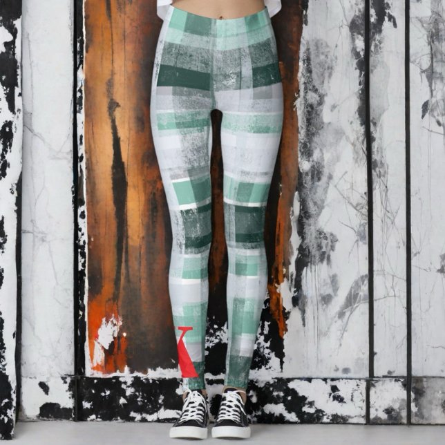 Legging Xadrez-tartan-verde-branco, monograma vermelho fes (Criador carregado)