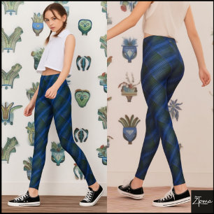 Legging Xadrez Texturizado Diagonal Verde Azul Escuro