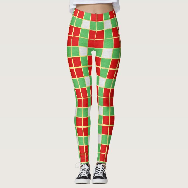 Legging Xadrez Vermelha e Verde do Partido do Natal (Frente)