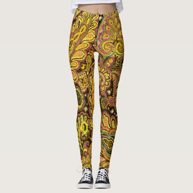 Legging Yellow Paisley Design on Black (Frente)