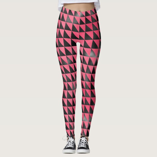 Legging Yoga Geométrico Moderno, Preto-Rosa, Metálico Bril (Frente)