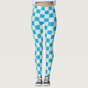 Legging Yoga Na moda Azul, Branco e Dourado Checker Quadra