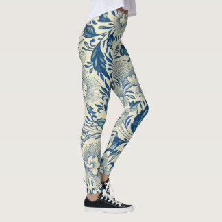 Legging Yoga - Padrão de Flor Oriental Azul e Branco