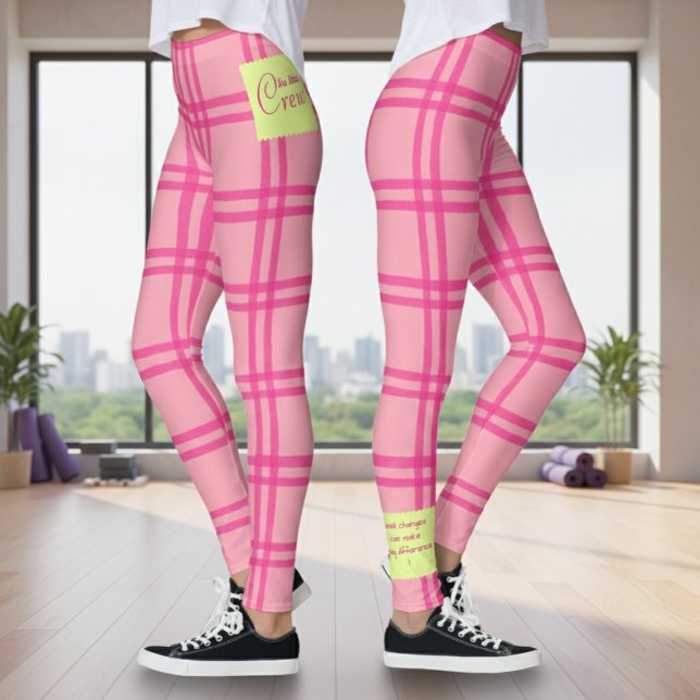 Legging Yoga Pilates Barre Jiu Jitsu Customised Pink Check (Pink check pattern leggings with a fitness studio background.)