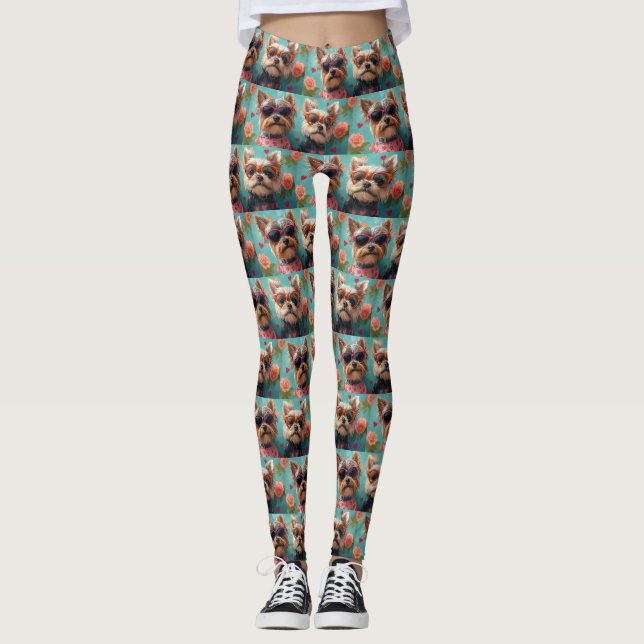 Legging Yorkshire Terrier com Rosas do Coração Dia dos Nam (Frente)