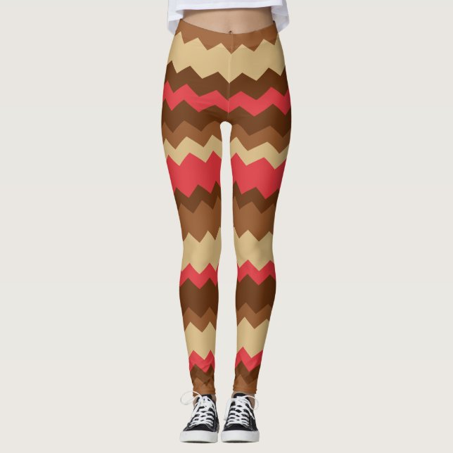 Legging Zag de outono castanho e vermelho com striping (Frente)