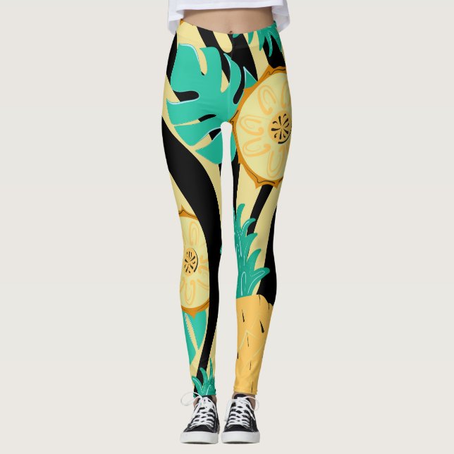 Legging Zebra, monstera, abacaxi: padrão de verão. (Frente)