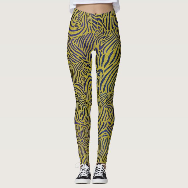 Legging Zebra Strips em Dourado e Azul Metálico (Frente)