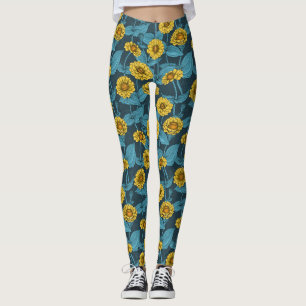 Legging Zinnias Amarelas em azul escuro