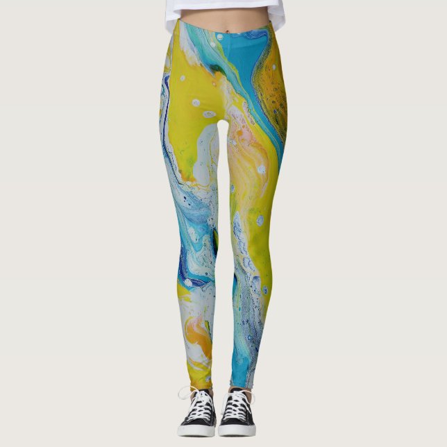 Leggings Abstratas Amarelas e Azuis Fluidas para D (Frente)