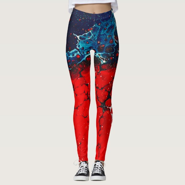 Leggings Abstrato azuis e vermelhas marmoreadas (Frente)